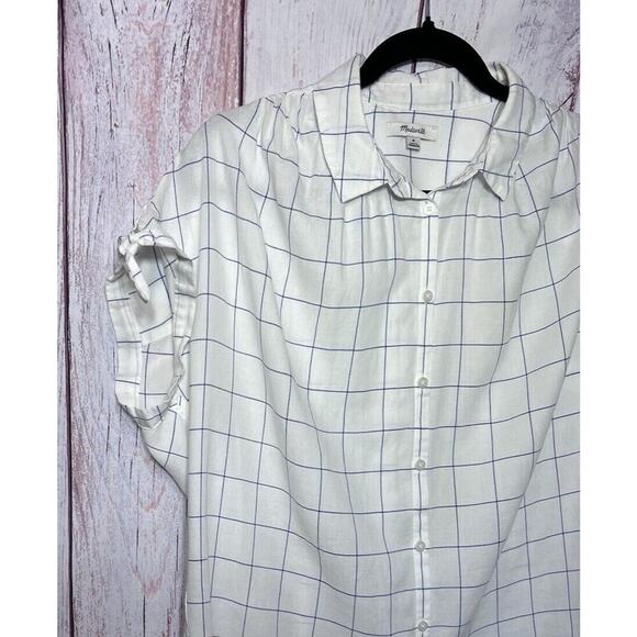Madewell Central Tie-Sleeve Shirt in Windowpane White Blue Raglan Sleeve Size M - Picture 3 of 10